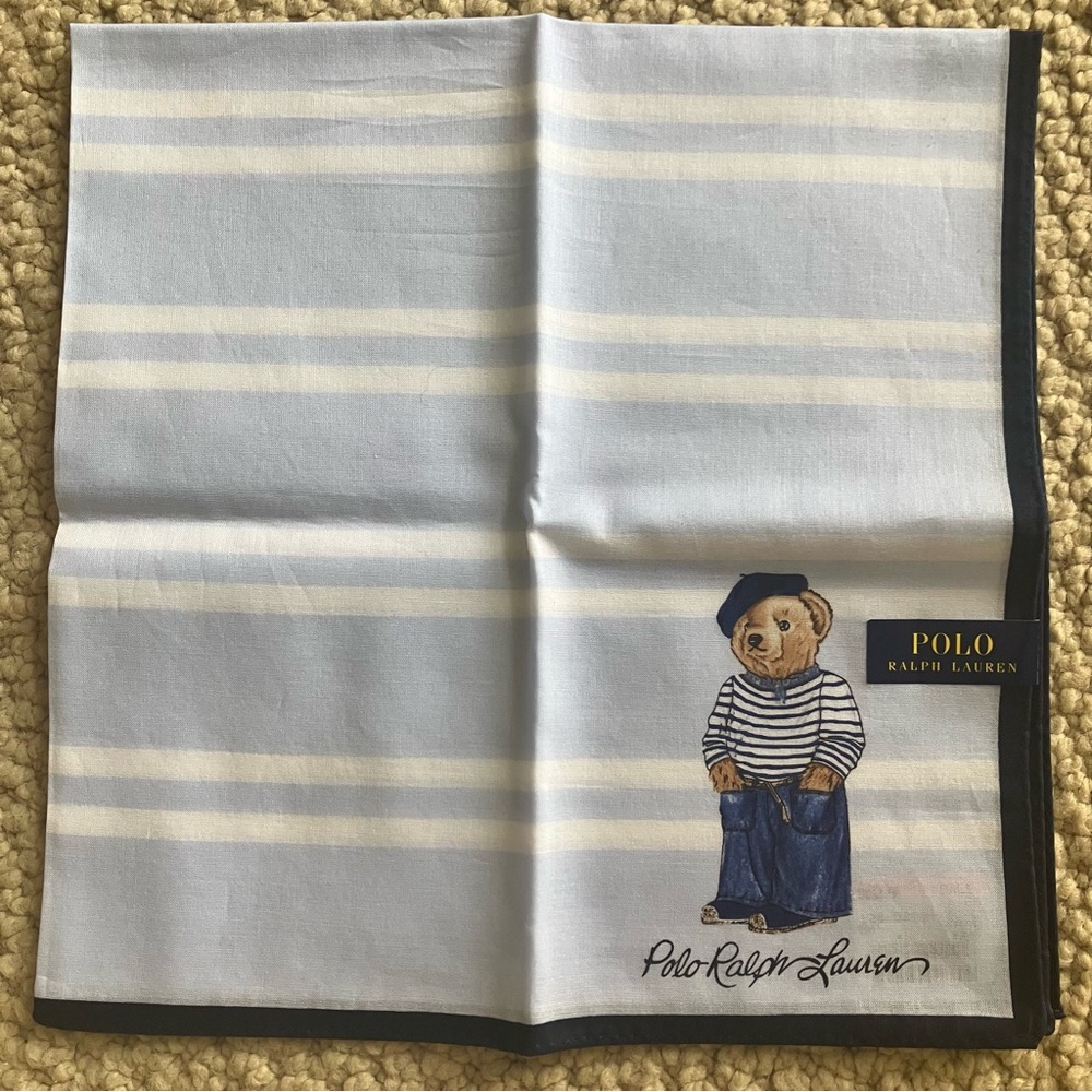 New Polo Ralph Lauren Bear Handkerchief Scarf Pocket Square Light Blue Stripes